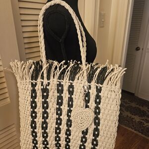 Haute Hippie Style Woven Fringe Tote – Navy Blue & Natural – Boho Beach Bag